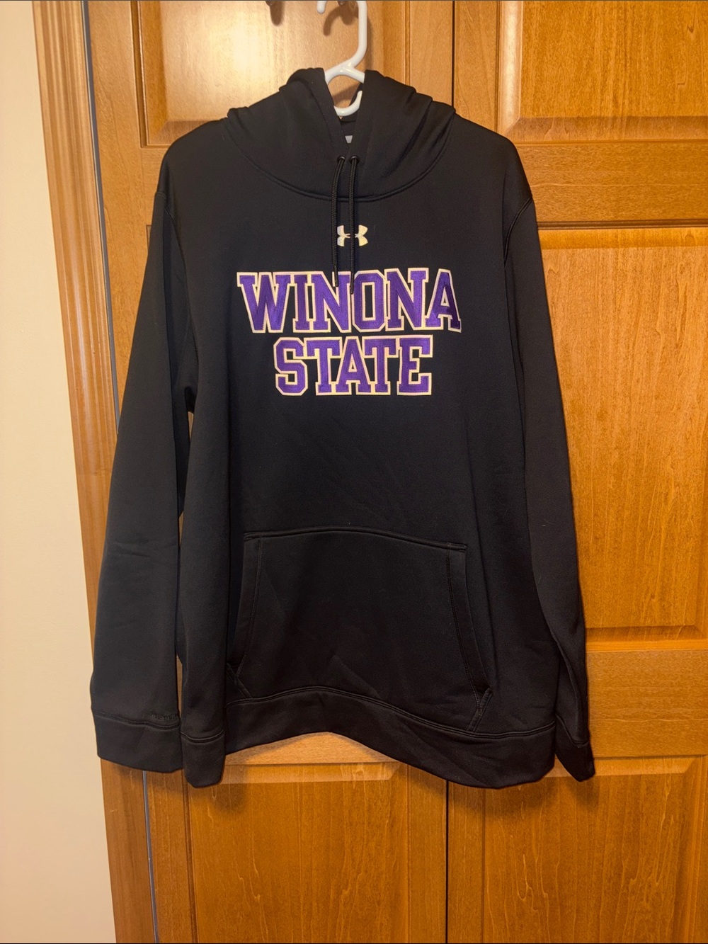 Under Armour Black Pullover Hoodie with Purple and White Winona State Script